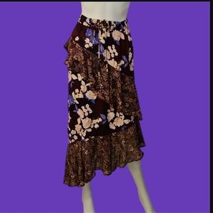 MOSSIMO Maroon Floral Ruffle Assymetric Boho Midi Skirt
